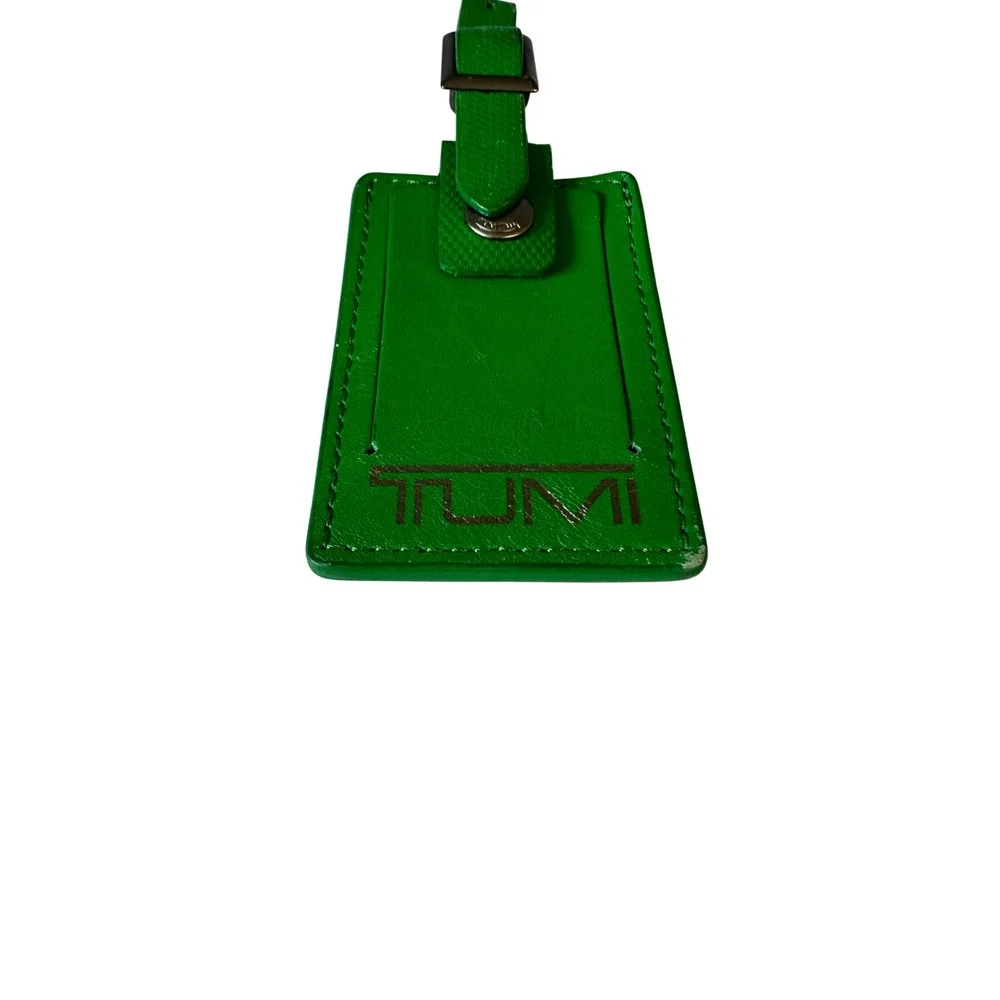 TUMI Green Textured Leather Luggage Tag Buckle Strap ID Window Travel KC